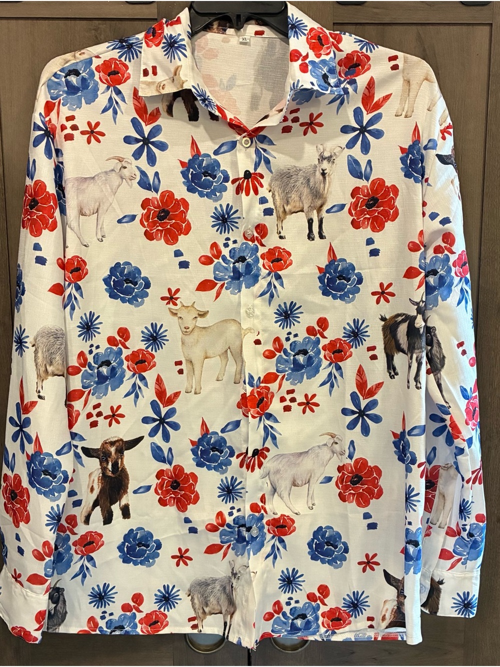 Women’s Floral & Goat Print Button-Up Blouse - White with Red & Blue
